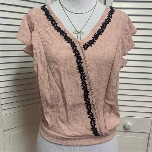 Pink Crepe Wrap Blouse with Black Lace Detailing and Ruffle Sleeves - Picture 2 of 9